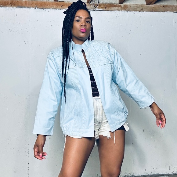 Vintage Blue Bomber Jacket Lightweight Casual, Fits L - Picture 4 of 13